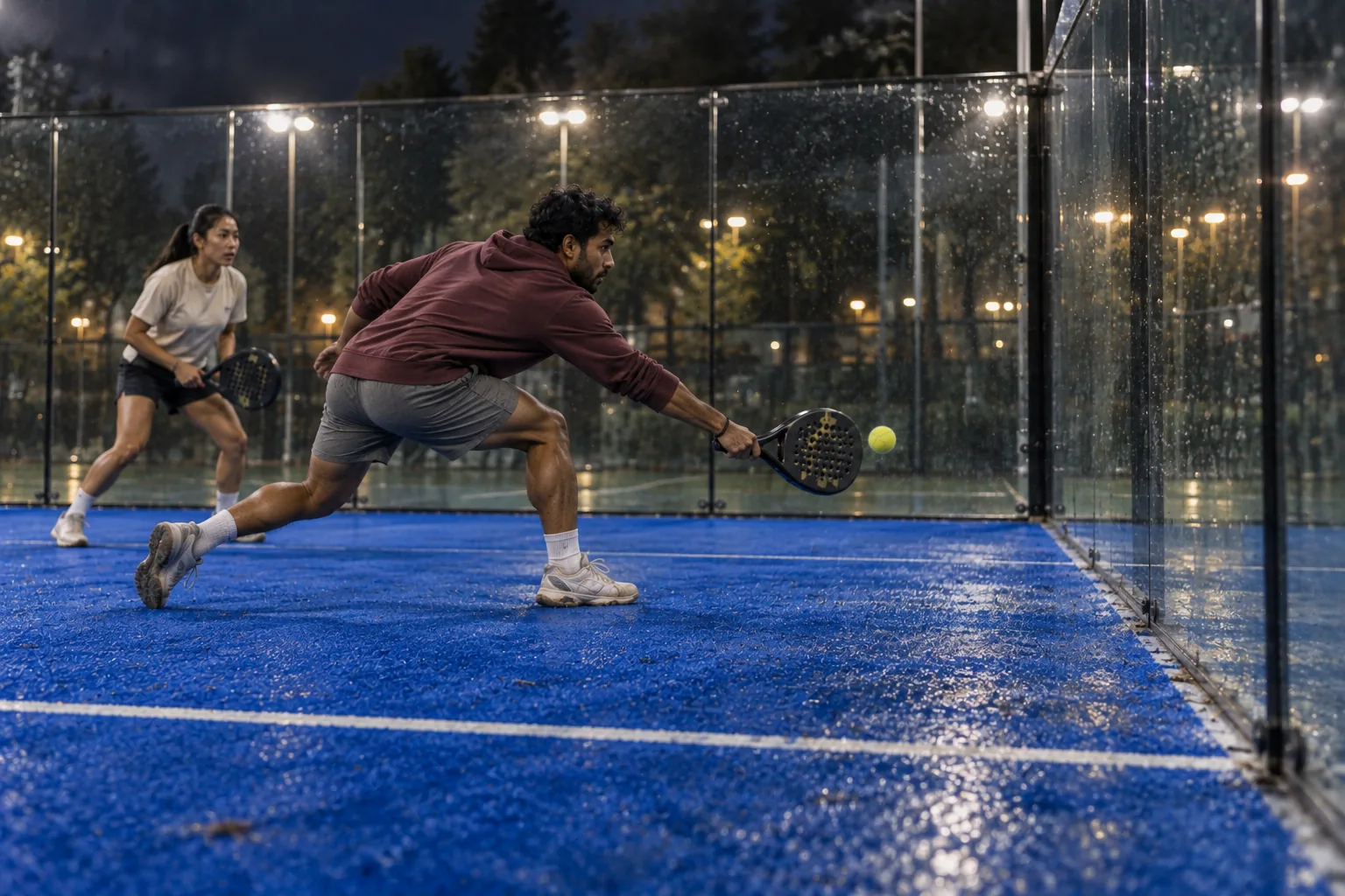 A padel player preparing to return the ball by the glass